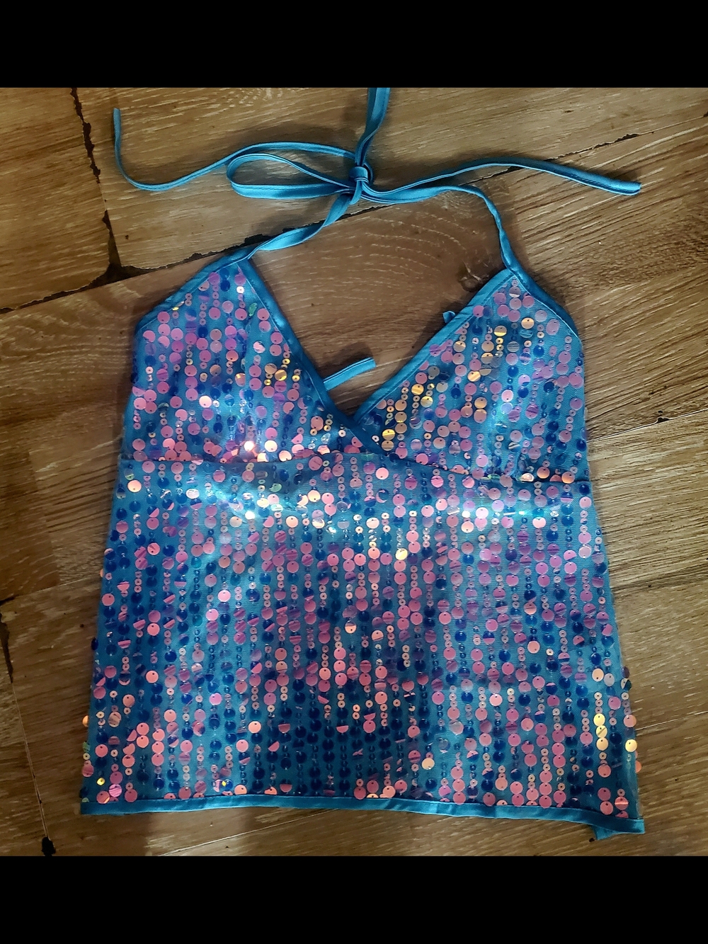 Blue Sequin Fully Open Back Halter  Top